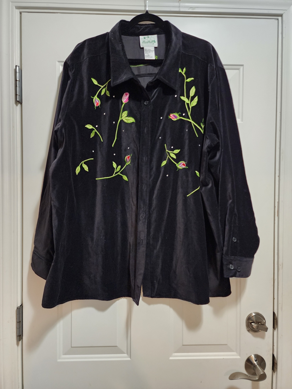 Embroidered Black Velvet Button-Up Jacket with Pink Floral Accents